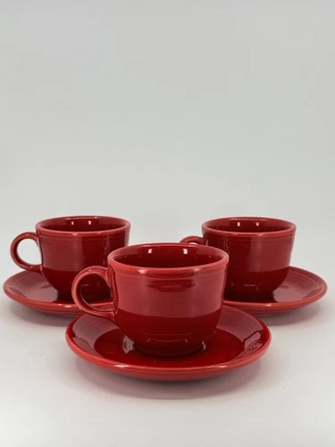 6pc Fiesta SCARLET 3 Teacups 3 Saucers Set Burgundy Red SCARLET Fiestaware HLC