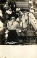 Rodeo Cowgirl Lone Star Evans Guiding Horse D.F. RPPC Photo Postcard COPY