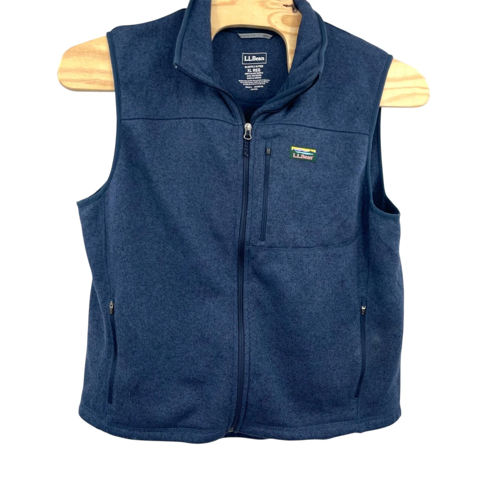 LL Bean Sweater Vest Mens XL Blue Fleece Navy Logo Slightly Fitted Full Zip Up