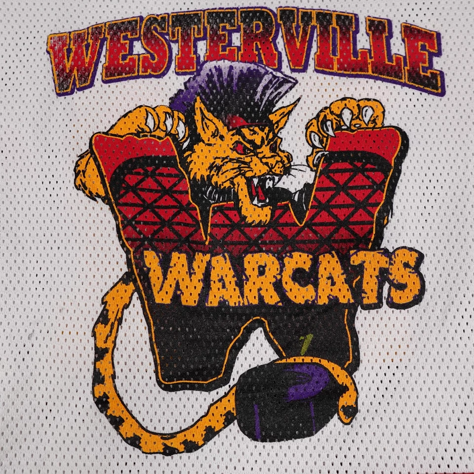 Camiseta deportiva Westerville Warcats para hombre XL blanca roja amarilla negra hockey cuello en V malla 11 Foto 4 de 4