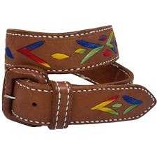 Vintage Leather Embroidered Floral Belt Women 28"Colorful Contrast Stitch Boho