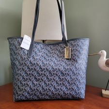 Coach CF342 City Tote Navy Blue Monogram Signature Canvas Leather NWT