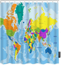 World Map Shower Curtain Set Geography Global Map Country Ocean Mountains Bathro