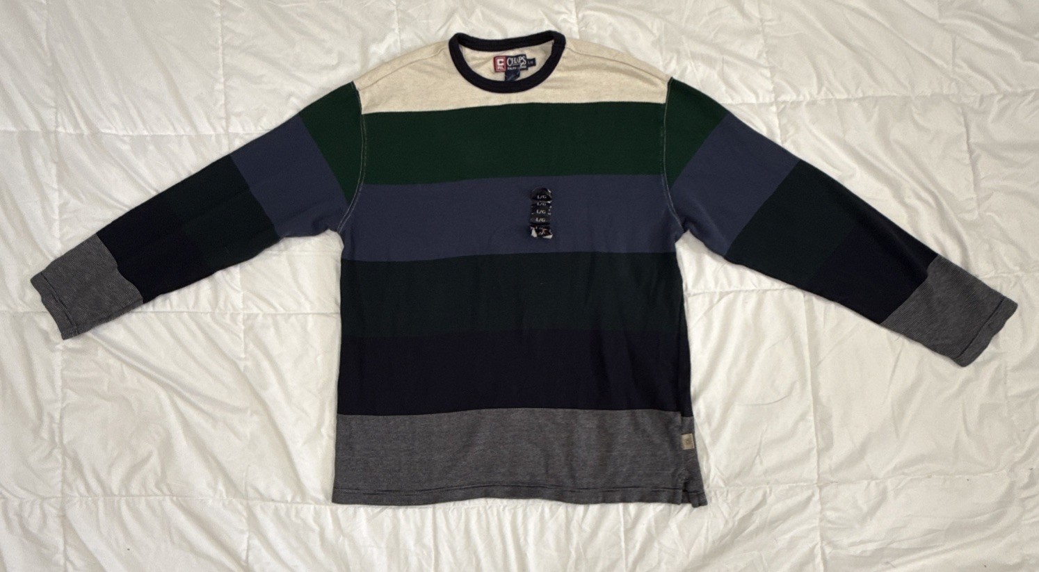 VTG 90's Chaps Ralph Lauren Mens Large Stripe Cream Navy Blue Green Cotton Knit.
