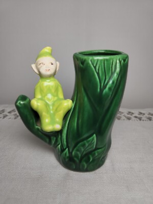 Vtg 1950's Ceramic Elf Pixie Leprechaun Bud Vase Two Tone Green Glaze 4'' *READ*