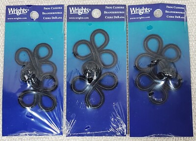 3 Pkg. Wrights 3'' BLACK FROG CLOSURE FASTENERS Rayon/Cotton NEW in Pkgs. Sewing