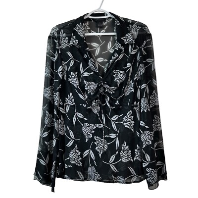 The Limited Silk Blouse Sheer Floral Womens XL Black White Popover Long Collared