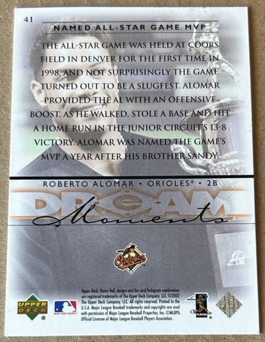 ROBERTO ALOMAR HOF 2002 UPPER DECK HONOR ROLL Card #41 NM-MT Condition - Picture 2 of 2