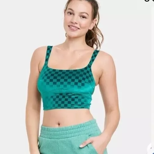 Colsie Velvet Brami Womens Size Small Green Checkered Sports Bra Crop Top