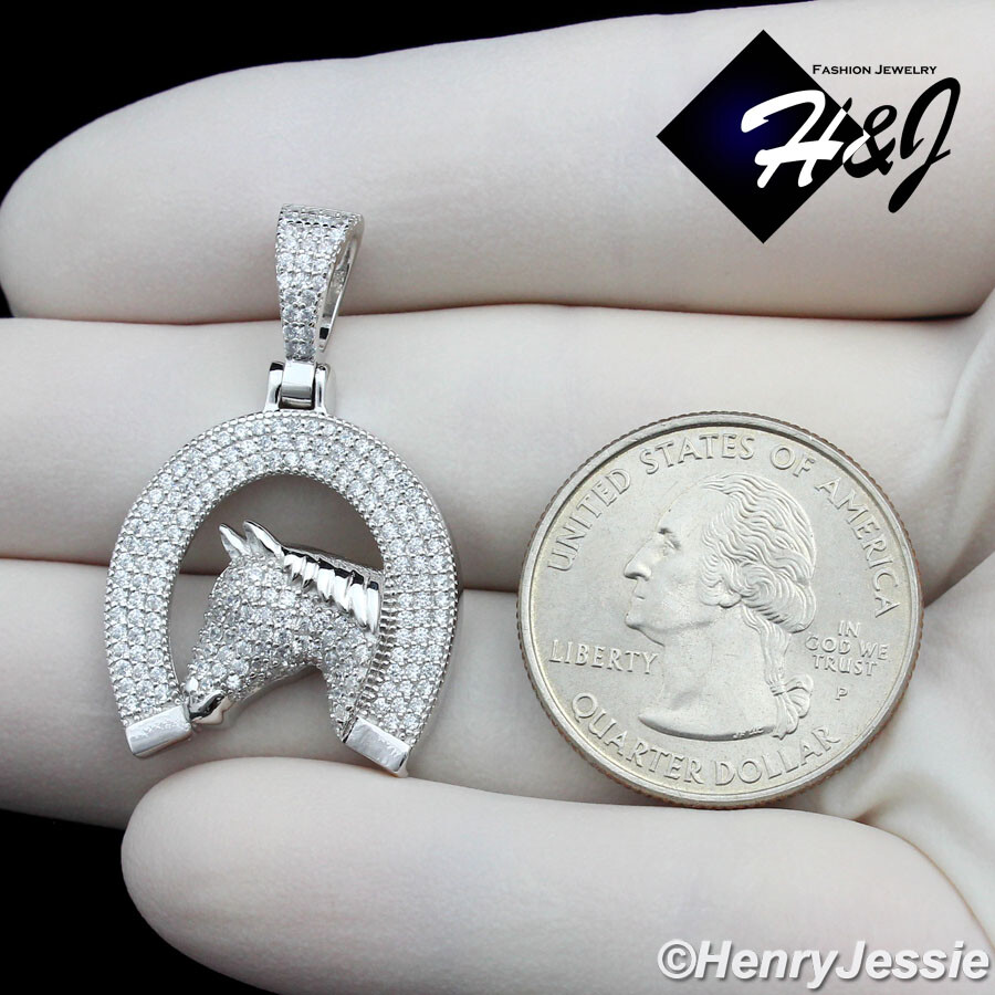 925 STERLING SILVER ICY CZ GOLD PLATED/SILVER HORSE HEAD HORSESHOE
