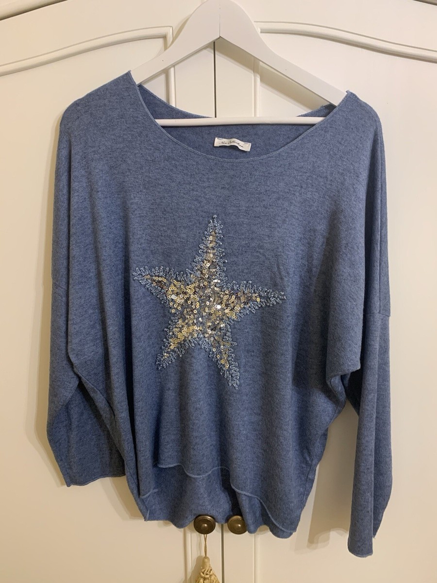 Sequin Matalan Star Jumper Ladies Italian Light Blue Star Sequin