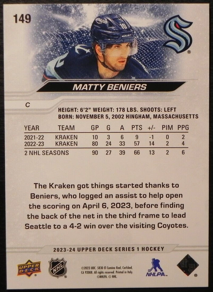 2023-24 23/24 Upper Deck Series 1 #149 Matty Beniers Seattle Kraken - Image 2 of 2