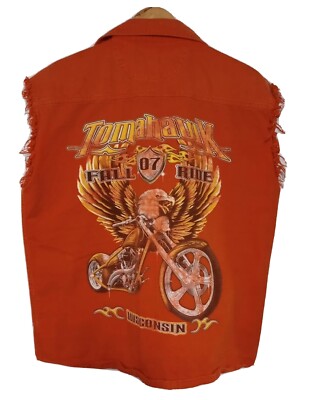 Tomahawk 2007 Fall Ride Wisconsin Graphic Cut Off Orange Cotton Tee Button Up L