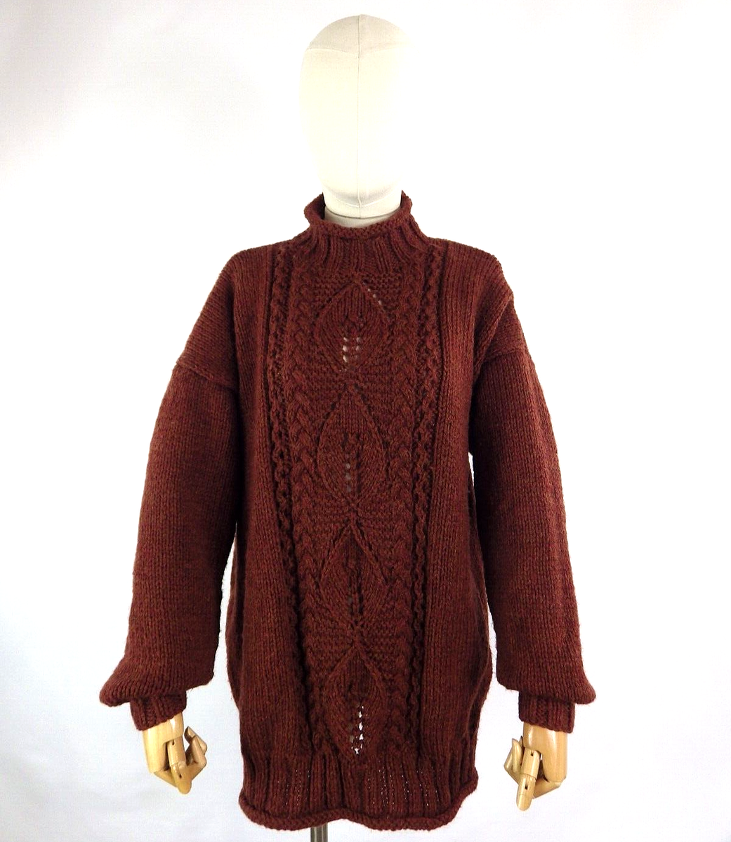 Vintage brown high neck rustic wool mix cable aran hand knit