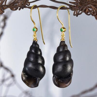 Sea Snail Earrings Carved Black Horn Emerald Gold Vermeil Sterling Silver 5.42g