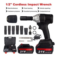 21V Cordless Impact Wrench 1/2" 800Nm High Torque Brushless Drill w/ Battery