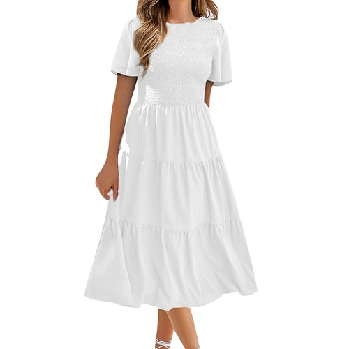 Women Summer Flutter Short Sleeve V Neck Smocked Elastic Waist Casual Midi Dress - Bild 2 von 33