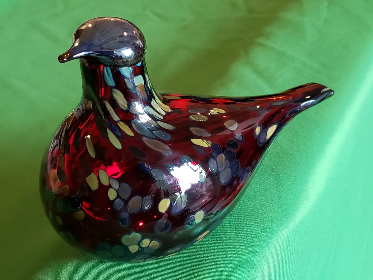 Iittala Oiva Toikka Signed Hand Blown Glass Speckled Bird ruby RED ! LARGE