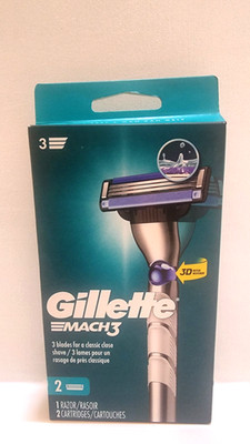 Gillette Mach3 Razor Handle + 2 Cartridges New Sealed Blue Box