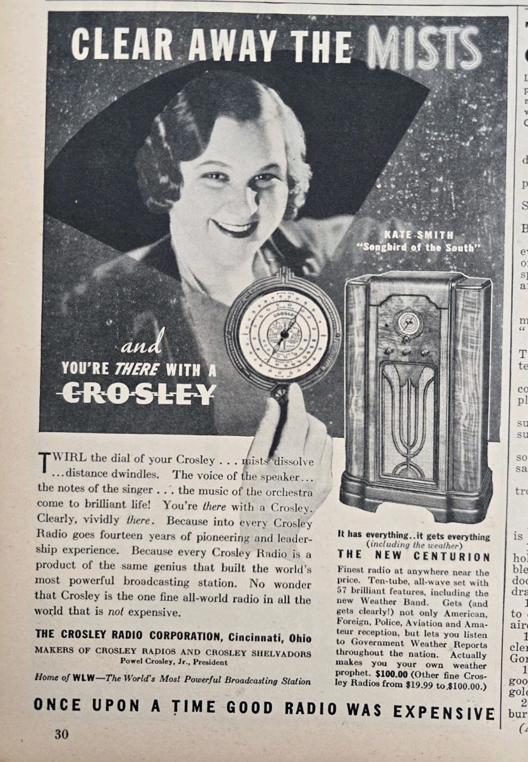 1935 Crosley New Centurion Radio Kate Smith Songbird of South vintage Ad