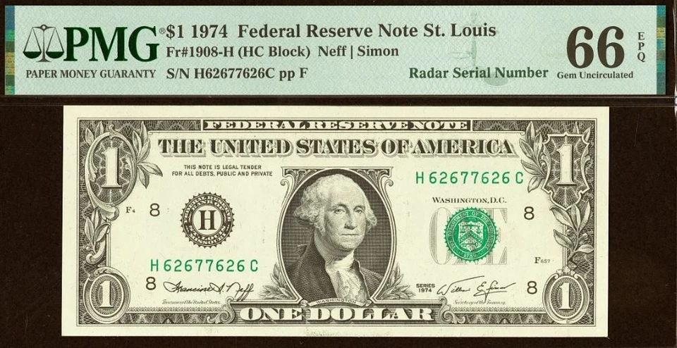 7 Matching Radar Serial Numbers - 1974, 1988A, 1993 $1 FRN PMG 67EPQ 62677626 - Image 2 of 4