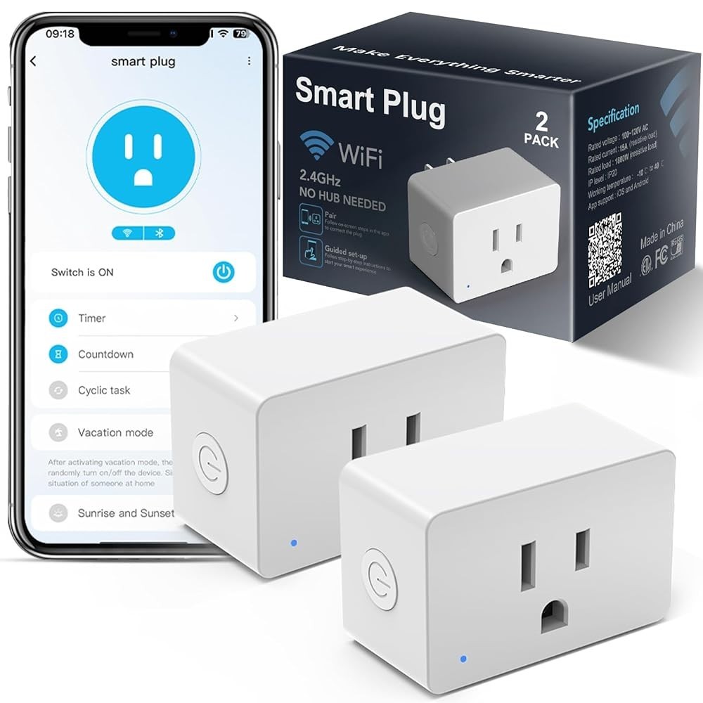 2PACK WiFi Smart Plug Socket Works with Alexa Google Home 1800W US Smart Outlet