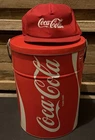 Vtg LARGE 1983 Red COKE Coca Cola Metal Popcorn Container W/Lid Trash Can & Hat!