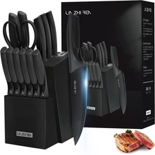 Knife Set, 15-Piece Kitchen Knife Set with Block Wooden German Stainless Steel