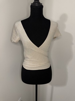 H&M Women's S Silver Solid Glitter Knit Stretch V-Neck Short Sleeve Pullover Top