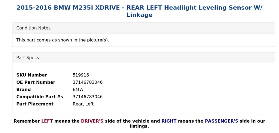 BMW M235I XDRIVE 2015-2016 - Sensor de nivelación de faros trasero izquierdo con acoplamiento Foto 4 de 4