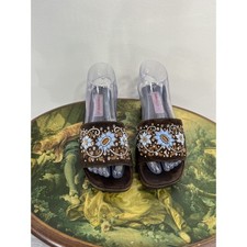 Vintage Arleen C Brown Suede Floral Beaded Wooden Platform Slide Sandals Size 7