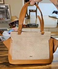 H by Halston Smooth Leather Satchel with Snake Embossed