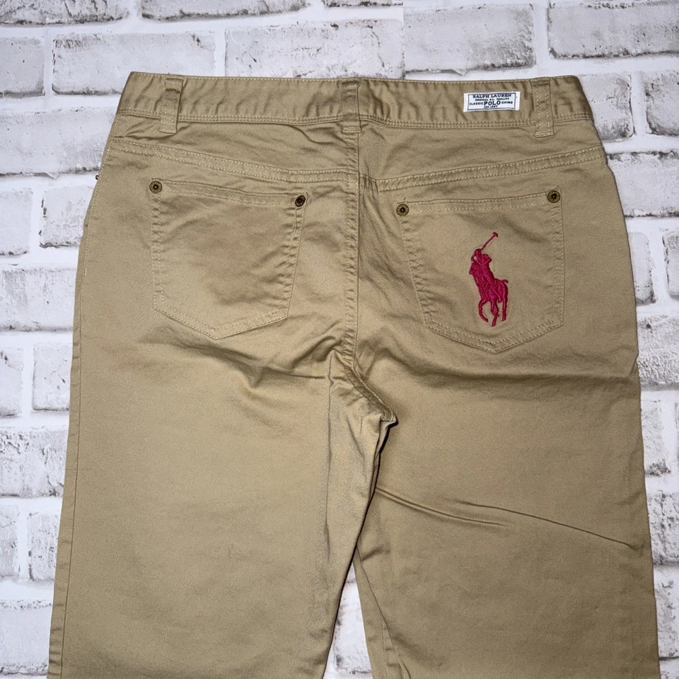 Calça Polo Ralph Lauren Feminina Chino Tamanho 16 Cáqui Rosa Escuro Pônei Emblema Bolso - Imagem 2 de 4