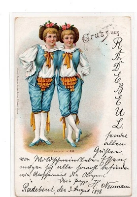 AK Kinder Tracht Lithographie Hanau gelaufen von Radebeul Nedlitz 1898 - (B2053) - Bild 1 von 2