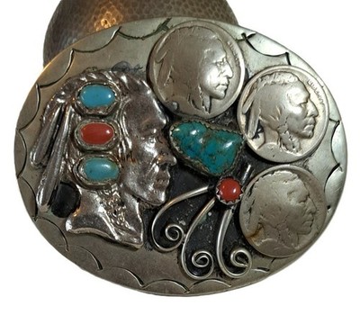 Indian Head/Buffalo Turquoise Coral Belt Buckle