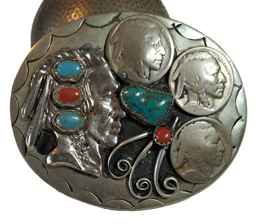 Indian Head/Buffalo Turquoise Coral Belt Buckle