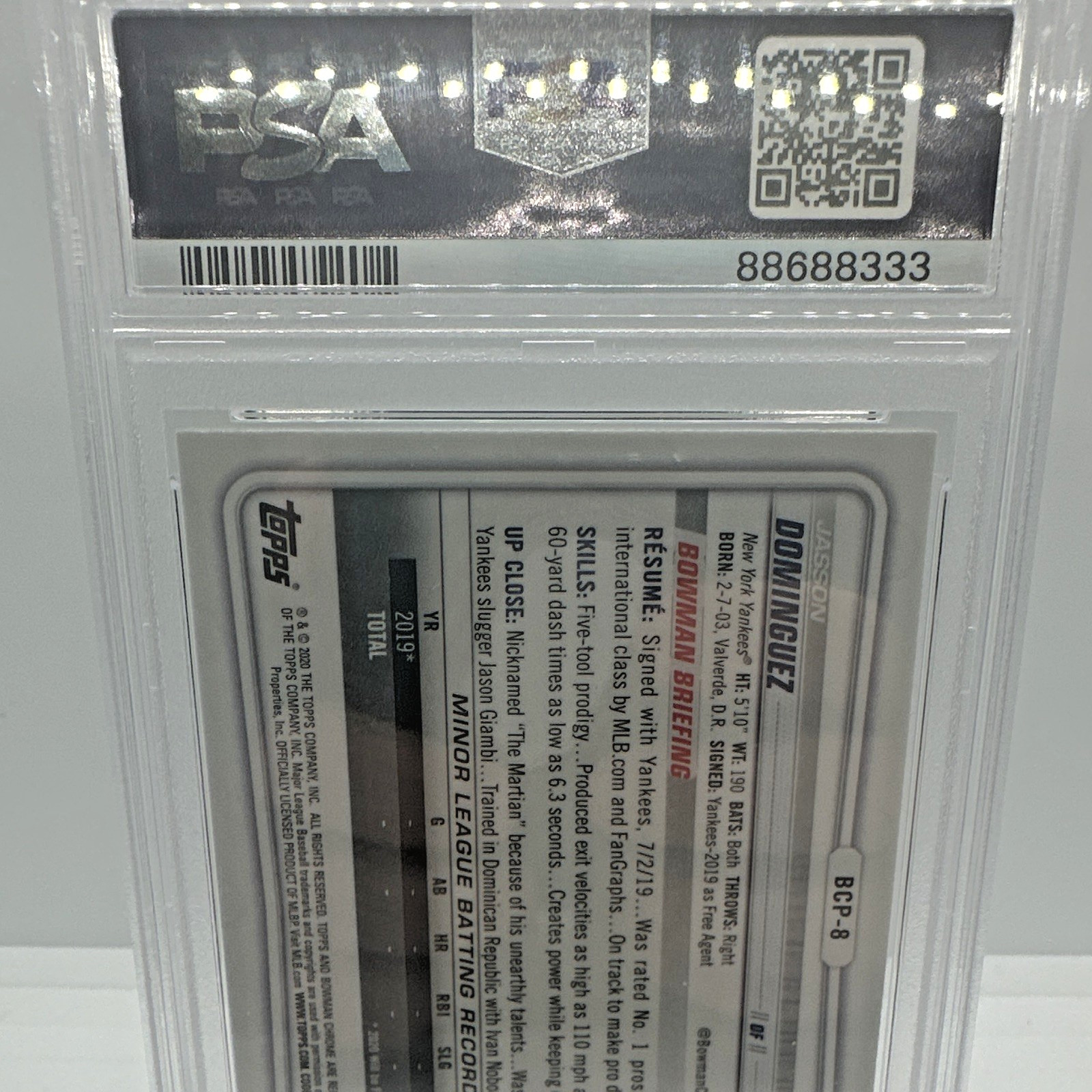 Topps 2020 Bowman Chrome Jasson Dominguez Yankees #BCP-8 RC PSA 10 view 6