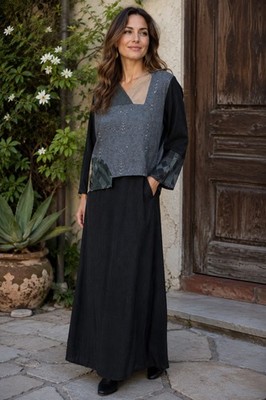 Donna Jessica Art to Wear Patchwork Maxi Dress Size 1 Small Gray Black USA