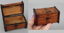 Antique Miniature Folk Art Model Painted Wood Trunk Box, Iron Nails & Brass Lock