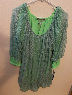 NYGÅRD Petite 8P Green Floral Lace Blouse V-Neck 3/4 Sleeve Pullover