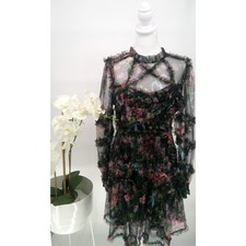 Beulah Womens Large Sheer Black Floral Ruffle Tull Mesh Romantic Mini Dress
