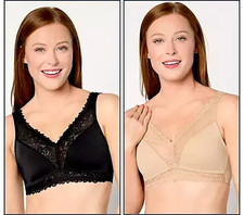 Breezies Set of 2 Lace Soft Support Wirefree Bra Black Beige M New
