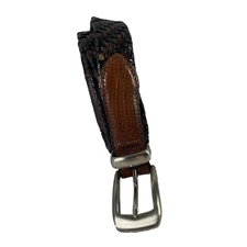 Woven Genuine Leather Belt Mens 42 Black Brown Buckle Croc Embossed 0F-7126