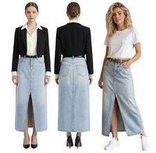 Old Navy Womens Light Wash Denim Maxi Skirt With Front Slit Sz 8 Drapey Fit New