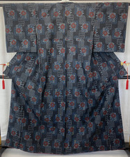 Japanese Vintage Kimono Silk Black Oshima Traditional Authentic Length 62 in