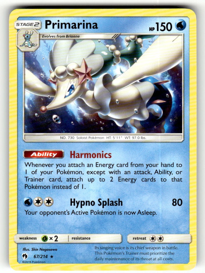 Primarina 67/214 Rare Lost Thunder Pokemon Near Mint