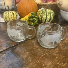 70's Vintage Nestle Nescafe World Globe Frosted Glass Coffee Mugs Cups 2