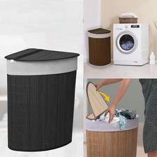 Bamboo 58L Corner Laundry Basket With Lid Foldable Washing Clothes Bin Hamper