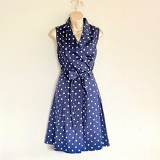 Retro Pinup Preppy Rockabilly Navy Polka Dot Fit & Flare Cotton Dress Chaps 12