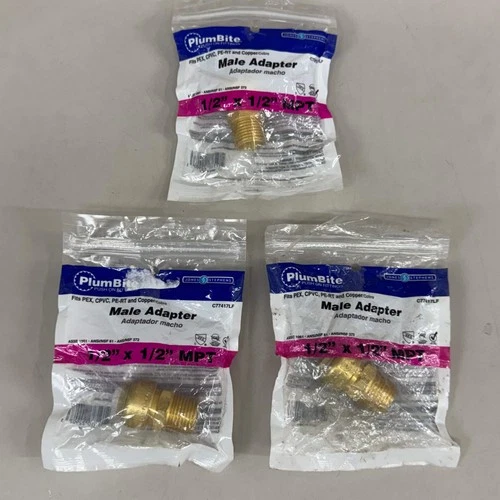 JONES STEPHENS (3 Pack) Plumbite Push On Male Adapter 1/2"x1/2" Brass C77417LF - Picture 1 of 8